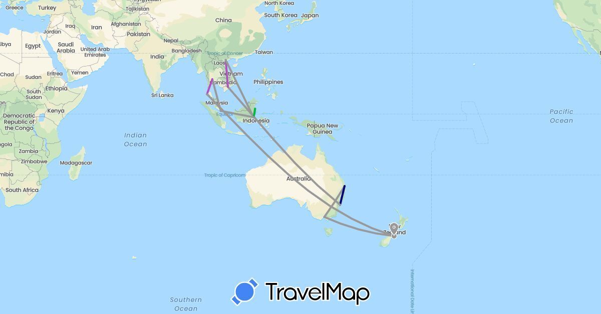 TravelMap itinerary: driving, bus, plane, train in Australia, Indonesia, New Zealand, Singapore, Thailand, Vietnam (Asia, Oceania)